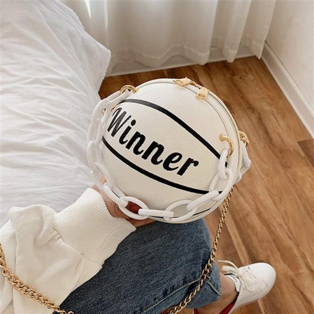 White Basketball Shaped Gold Chain Purse Crossbody Handbag - Picture 3 of 6